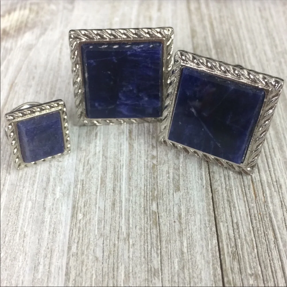 Vintage Marbleized Blue Glass Square Links & Tack